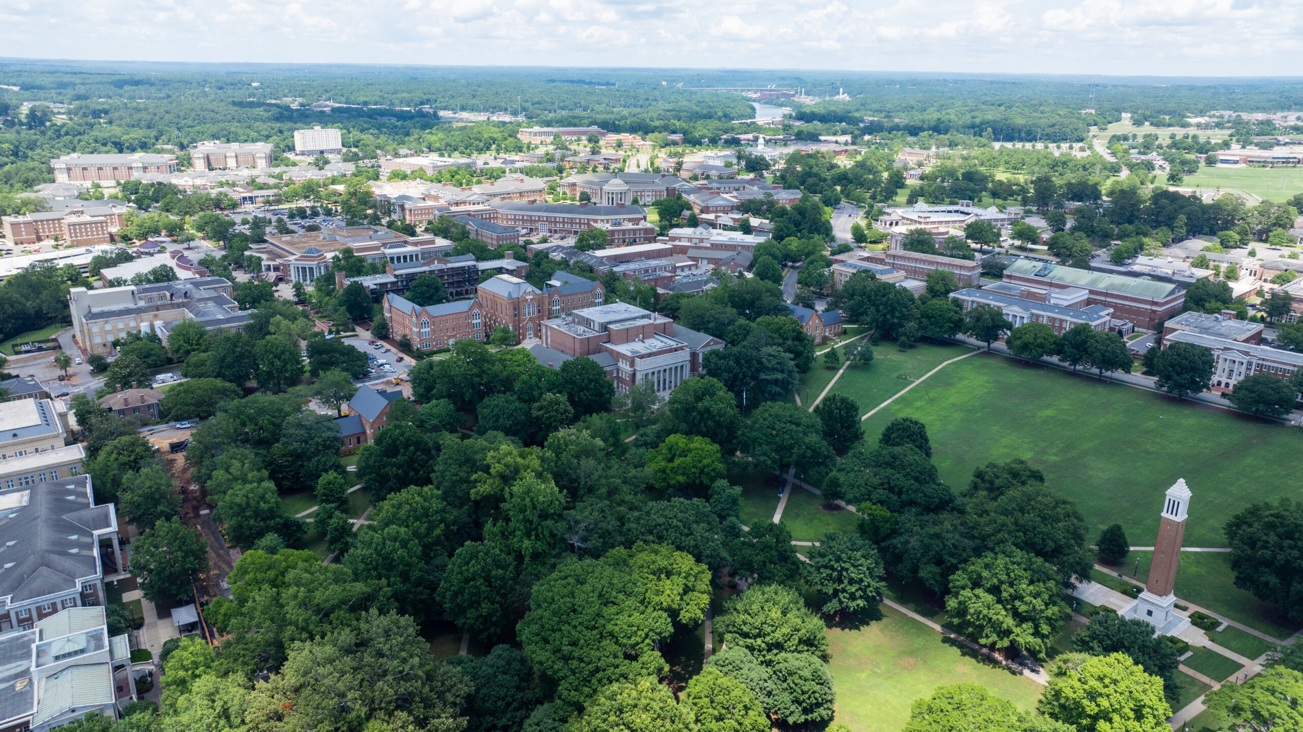 An aerial photo of the quad, with Denny Chimes in the bottom righthand corner.