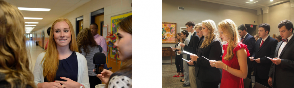 A photo of a Witt Fellow being interviewed on the left, and a photo of Witt Fellows at the signing ceremony.