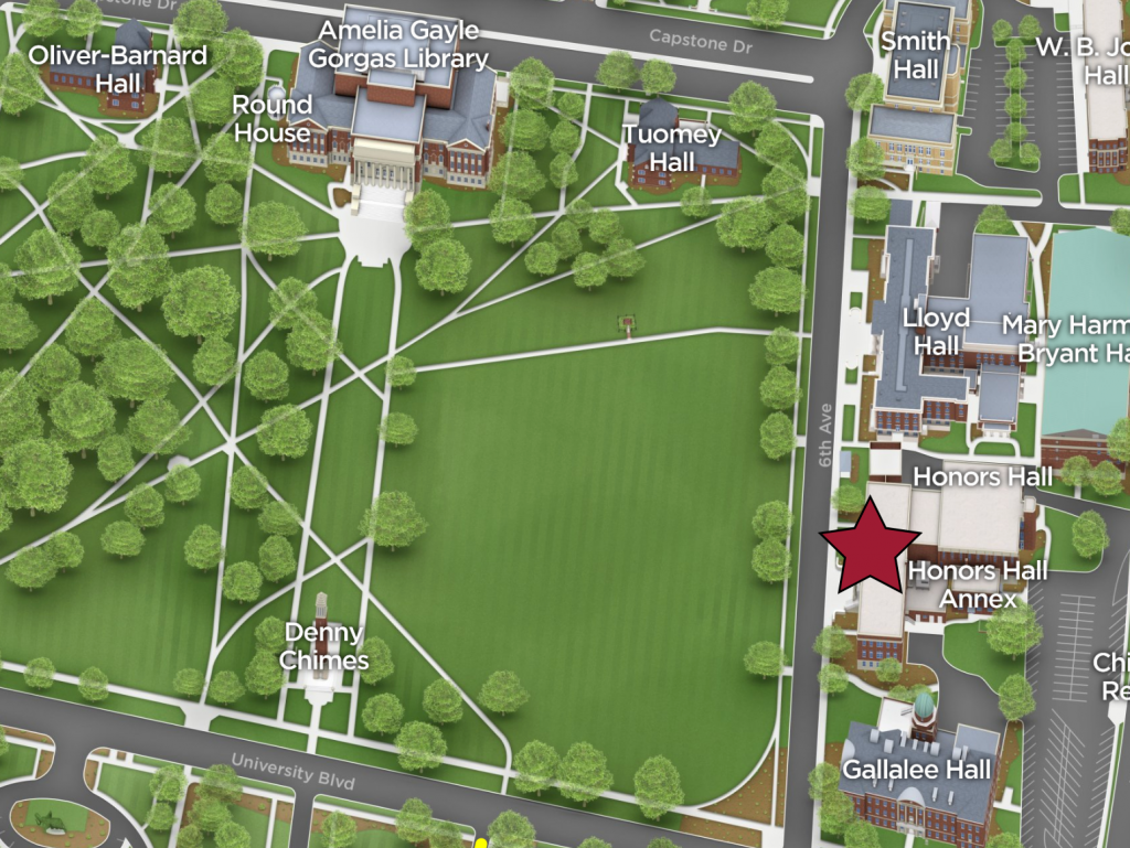 A map of the Quad with a crimson star over Honors Hall.