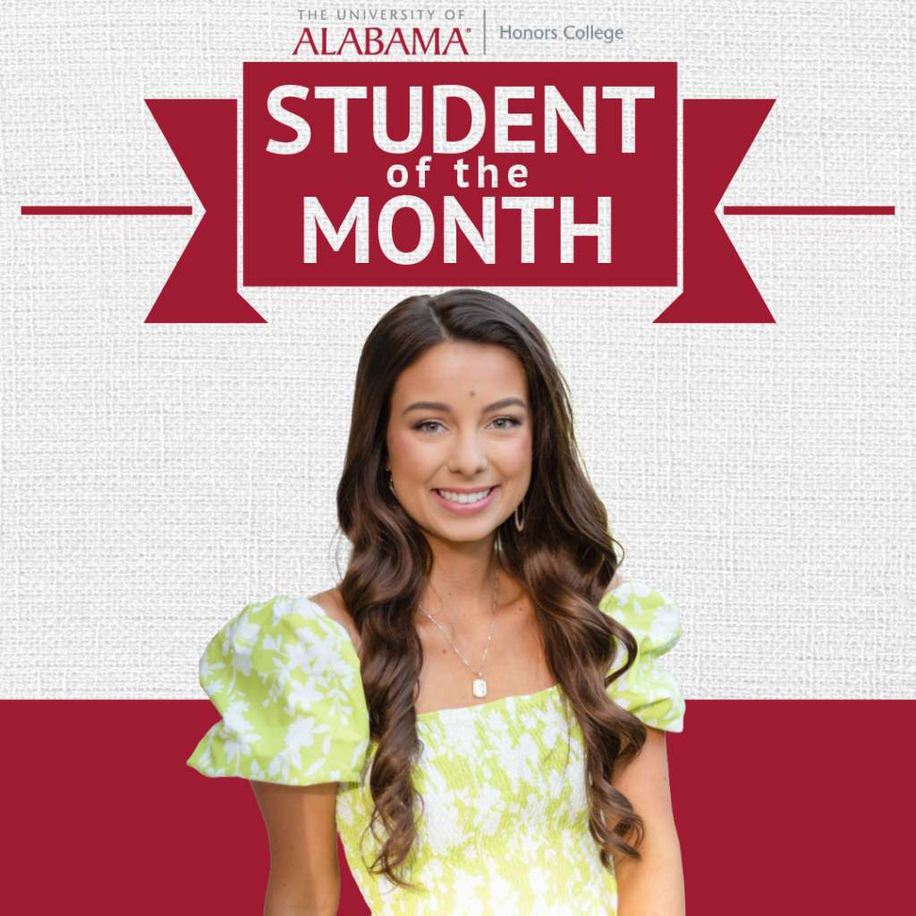 A white graphic with the UA Honors College logo and a crimson banner that reads, "Student of the Month," features a headshot of Ruby Tilghman.