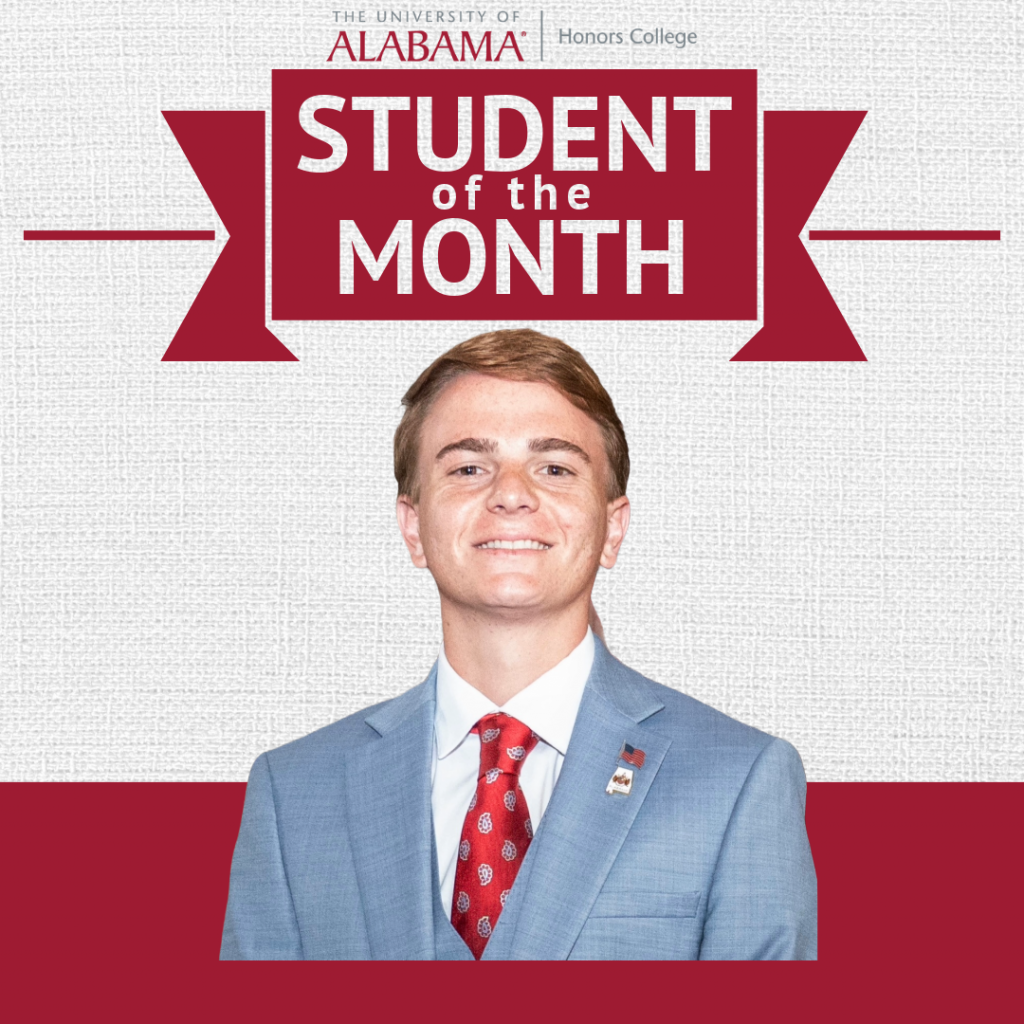 A headshot of Jacob Ashcraft with a white background and a crimson banner that reads, "Student of the Month."