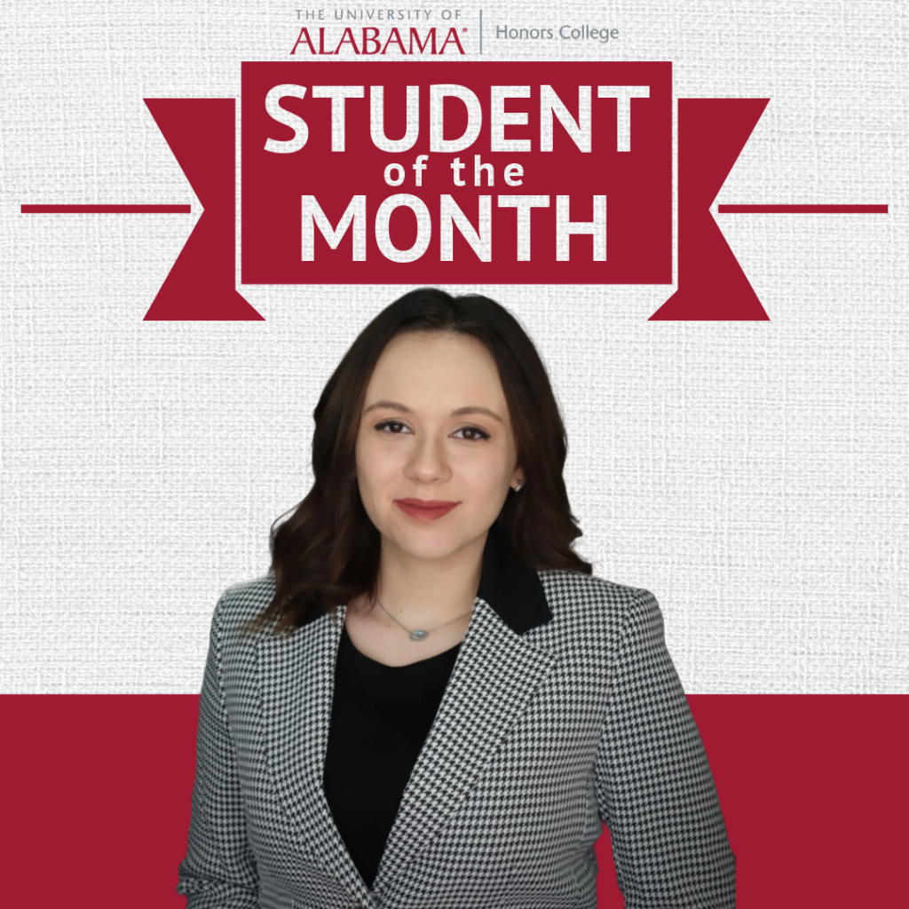 A headshot of Fallon Austin on a white background with a crimson banner that reads, "Student of the Month," and features the Honors College logo.