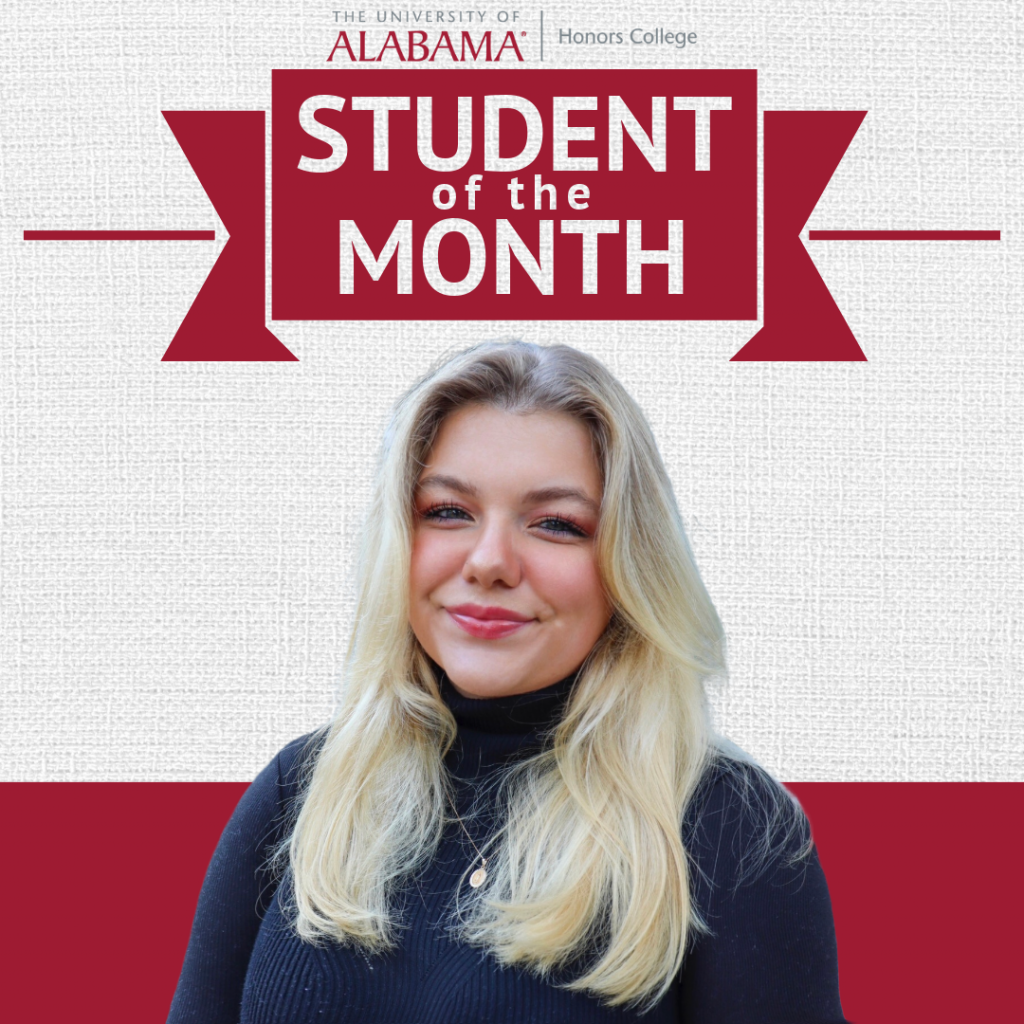 A headshot of Zoi Moon on a white background with the Honors College logo and a banner that reads, "Student of the Month."